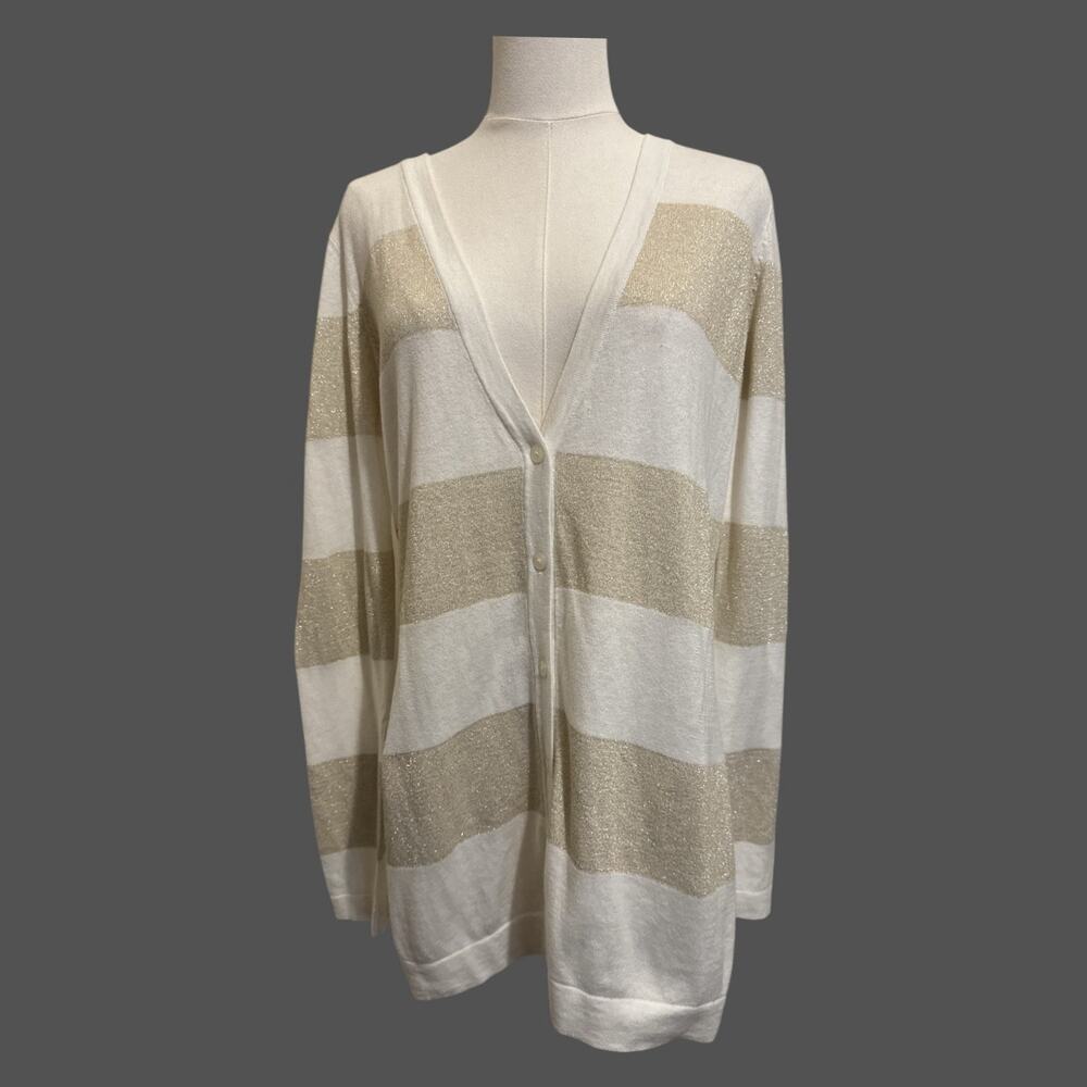 Old‎ Navy Metallic Gold Striped Button Up Cardigan Sweater Preppy Quiet Luxury L